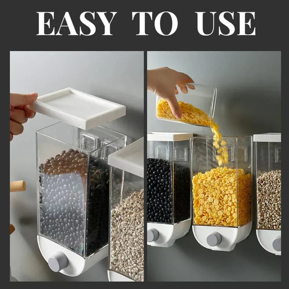 Wall-Mounted Food Storage Dispenser and Organizer for dry foods flour sugar rice grain cereals and more