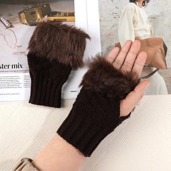 Winter Faux Fur Warm Knitted Half Finger Gloves Pair For Women