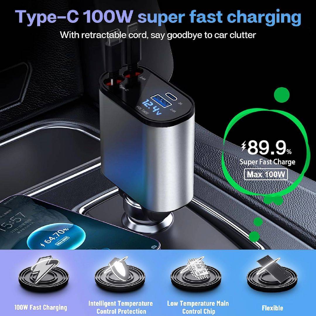 Upgraded 4 in 1 Retractable Car Charger 120W Super Fast Car Phone Charger Adapter