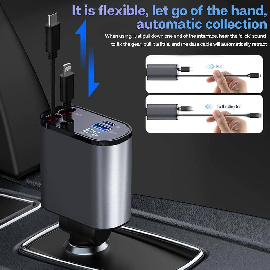Upgraded 4 in 1 Retractable Car Charger 120W Super Fast Car Phone Charger Adapter